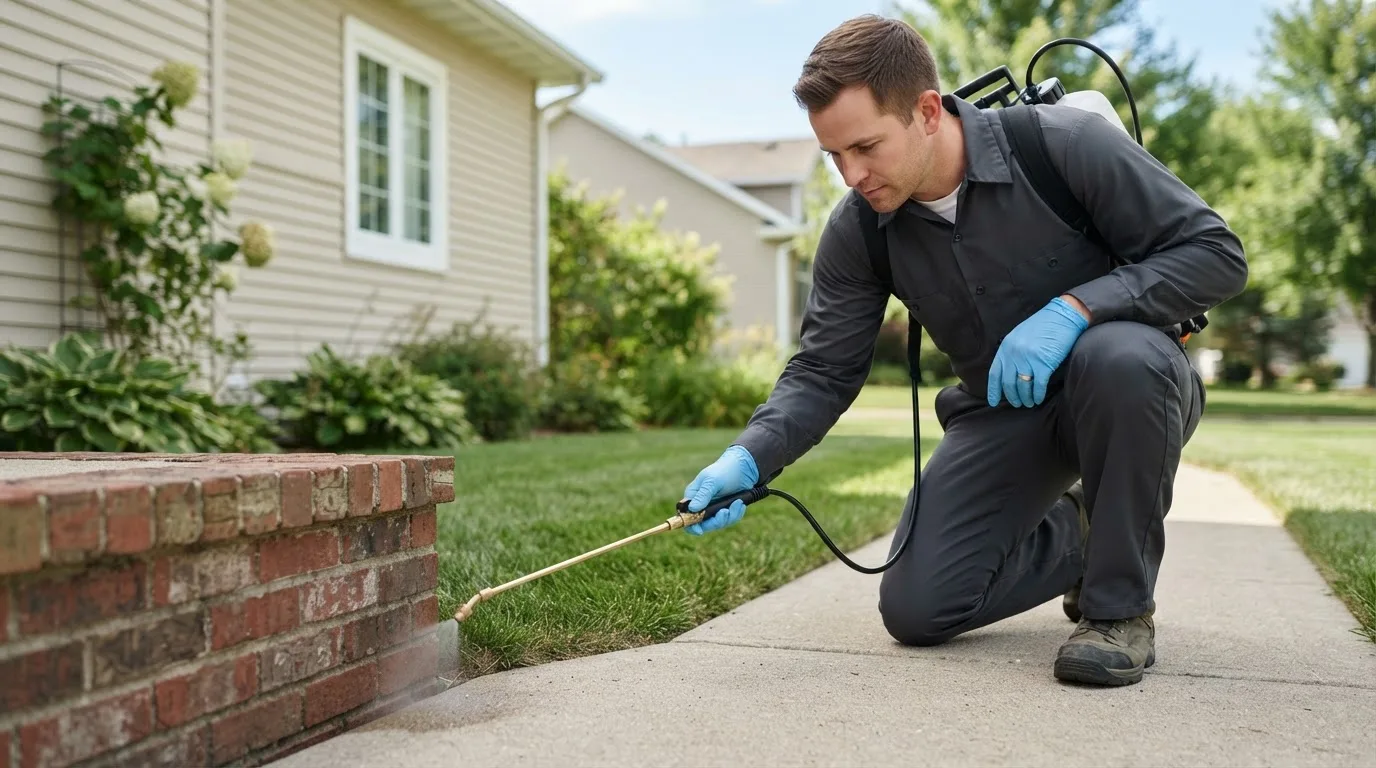 Pest control technician treating a home near Chestnut Ridge, PA